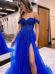 Blue Prom Dress Lace Embroid Evening Dress Side Split Party Dresses