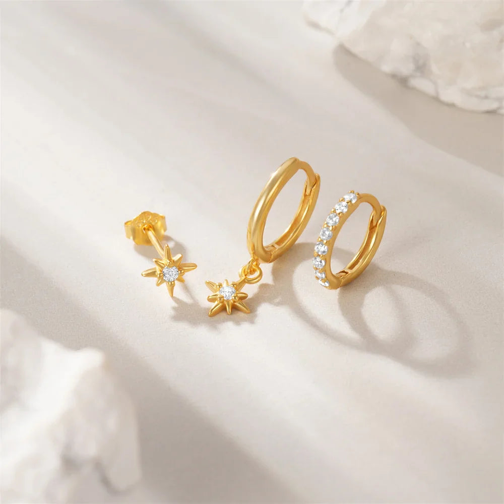 AIDE 925 Sterling Silver 3pcs 4pcs Set Zircon Stud Earrings 18k Gold Star Minimalism Huggies Earring Fine Jewelly Set Party Gift