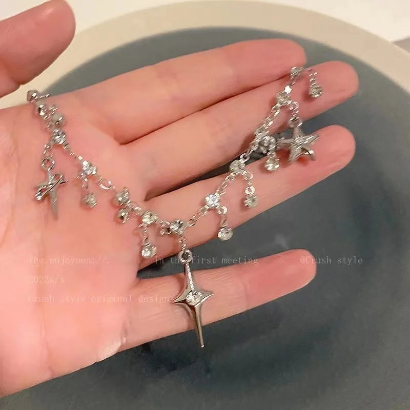 Star Pendent Necklace for Women Punk Simple Zircon Tassel Clavicle Chain Choker