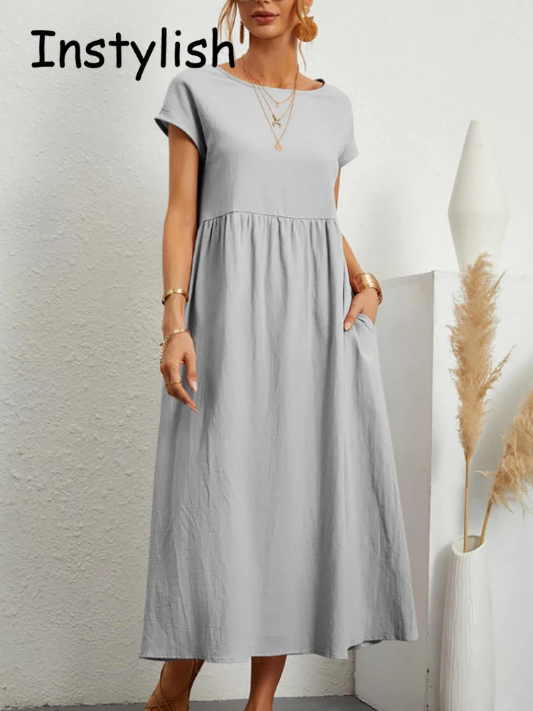 Women Elegant Solid Maxi Dress Summer Short Sleeve O Neck Vintage Harajuku Cotton Linen Loose Sundress Y2K Pockets Long Dress