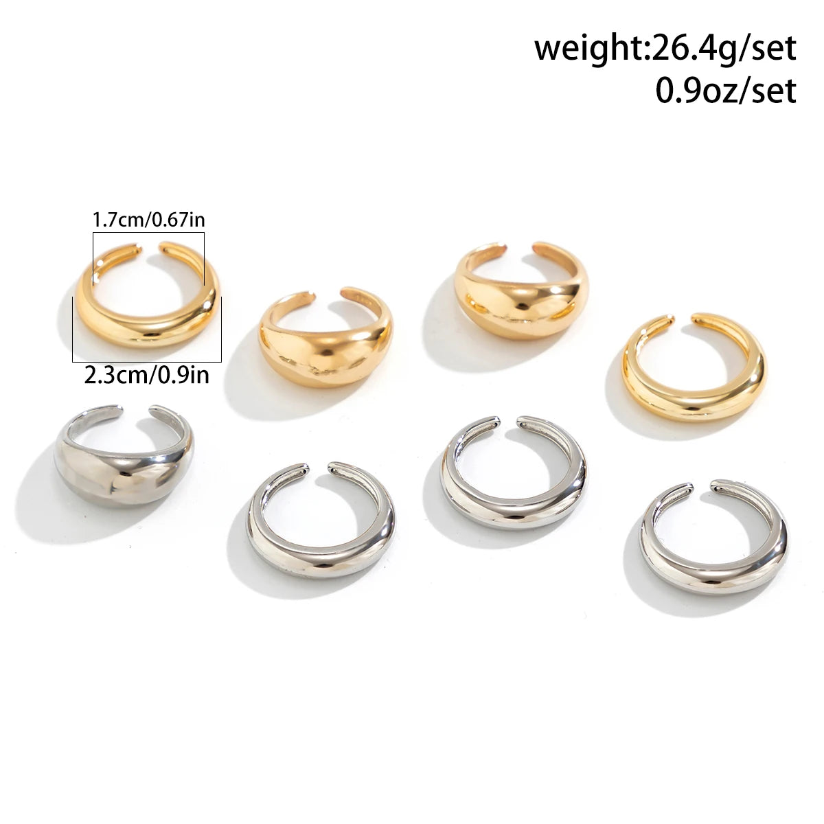 8 Pcs Chunky Open Smooth Surface Rings Set for Women Trendy Gold Color and Silver
