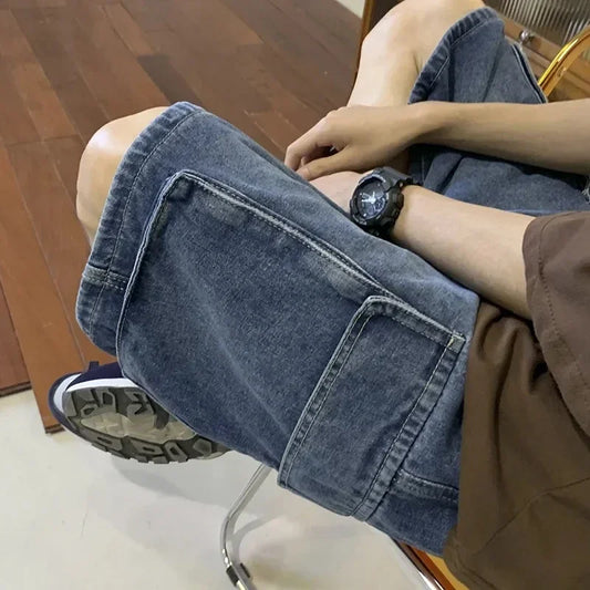 DAILOU Summer Men Denim Short Streetwear Vintage Korean Harajuku Pocket Jeans Shorts Hip Hop Cargo Pants Oversized Bottoms