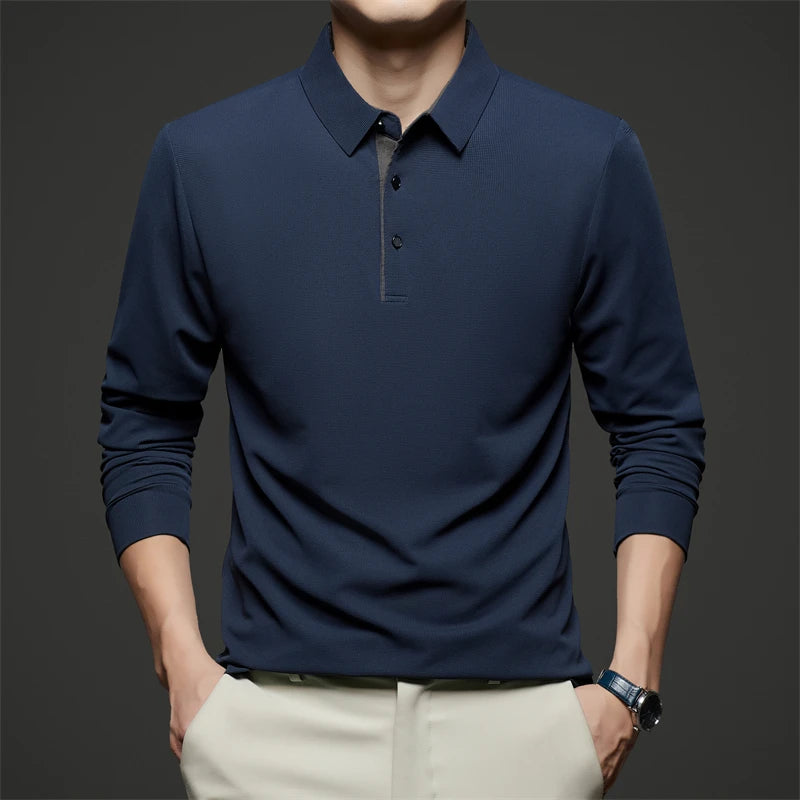 New Men's Business Casual  Long Sleeve Solid Color Polo Shirt Fashionable Warm Comfortable Four Seasons Versatile Top