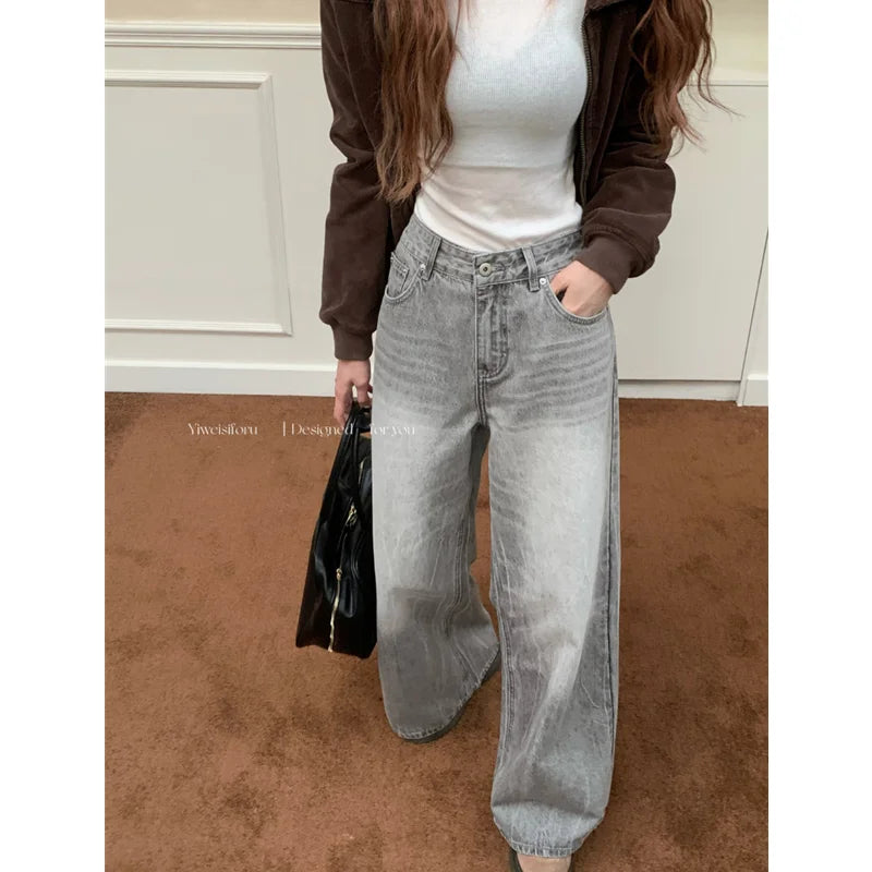 Summer Grey Womens Jeans High Waist Baggy Casual Vintage Y2K Trend Straight Cargo