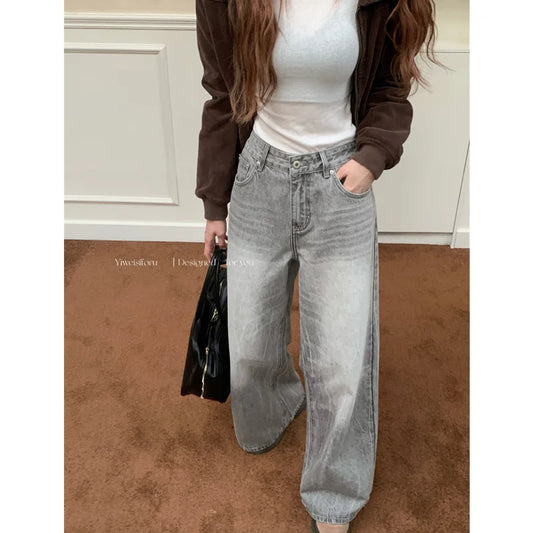 Summer Grey Womens Jeans High Waist Baggy Casual Vintage Y2K Trend Straight Cargo