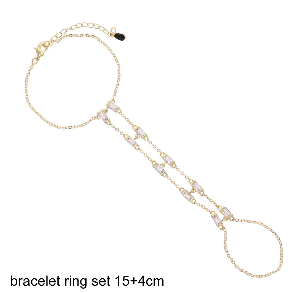 2025 New Geometric Marquise Cubic Zirconia CZ Paved Double Wrist Hand Chain Bracelet Simple Fashion Women Finger Slave Jewelry