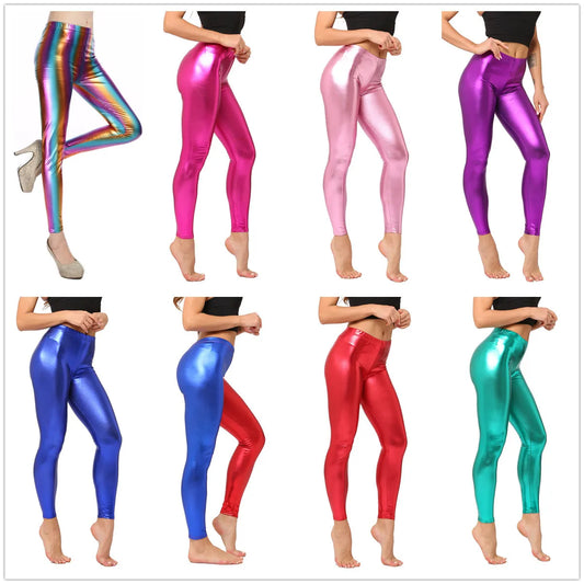 Metallic Color PU Leggings Women Leather Pants Dancing Party Pant Night Club