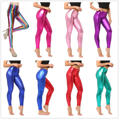 Metallic Color PU Leggings Women Leather Pants Dancing Party Pant Night Club