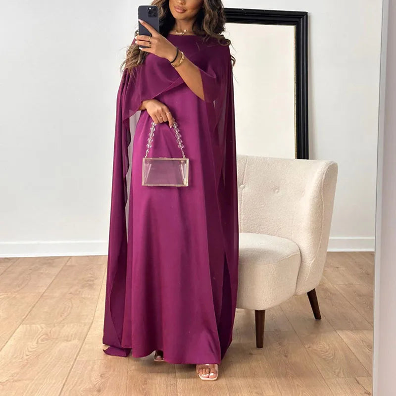 Evening Dresses:  Women Big Hem Long Dress Casual O Neck Solid Color Chiffon