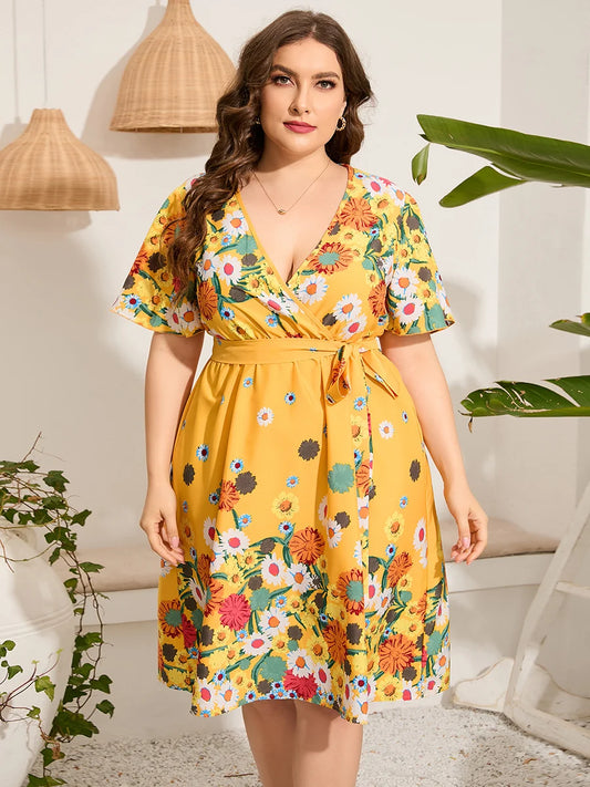 4xl 5xl Plus Size Midi Dress Women 2023 Summer V Neck Short Sleeve Floral Print Yellow Dress for Women Large Size Beach Dresses