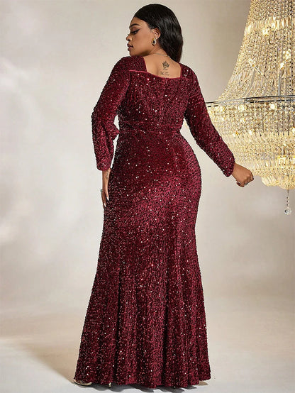 TOLEEN Women Plus Size Maxi Dresses Red Sequin Formal Dress Sexy Square Neck Tight Wrap Hip Dress Wedding Vestidos de Novia