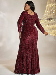 Women Plus Size Maxi Dresses Red Sequin Formal Dress Square Neck