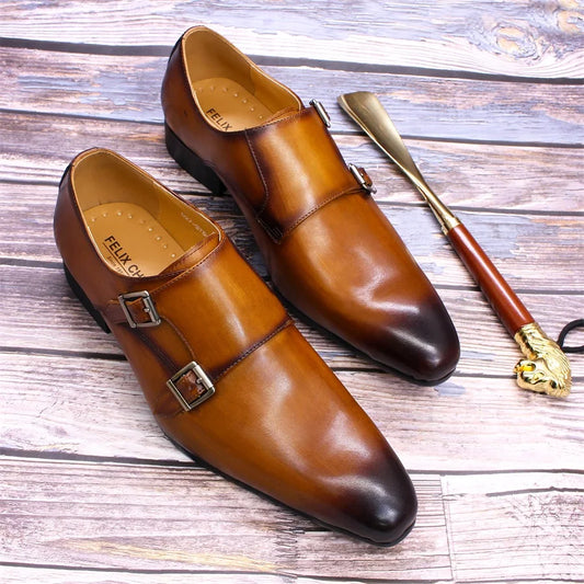 Mens Dress Shoes Genuine Leather Monk Strap Buckle Brown Pointed Toe Handmade