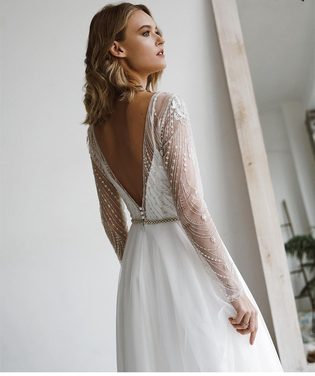 White Bridesmaid Dresses: Wedding Dress Long Sleeves Beading Sashes Backless