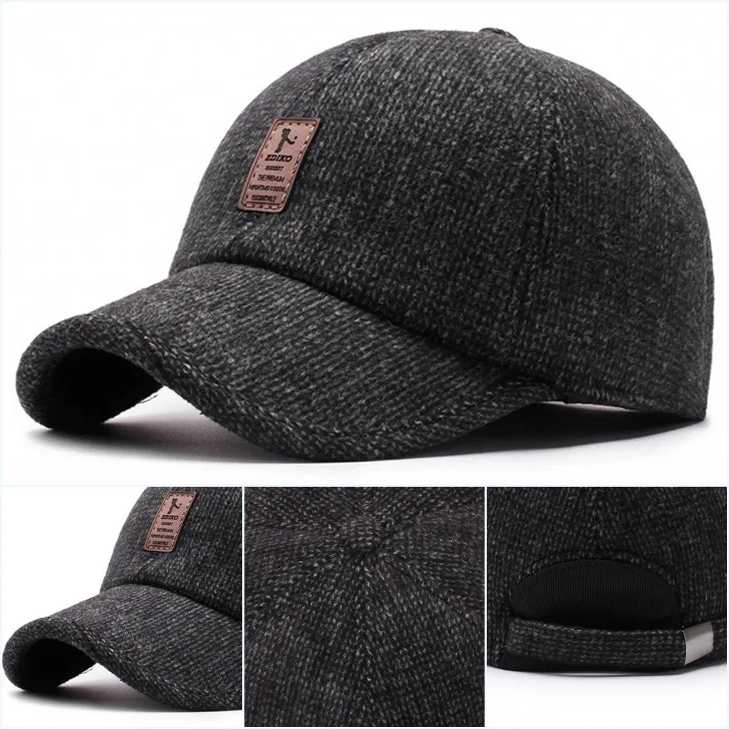Autumn Winter Warm Men Woolen Baseball Cap Outdoor Ear Cover Earflaps Adjustable Hat Middle-aged Dad Hat With Earmuffs Design