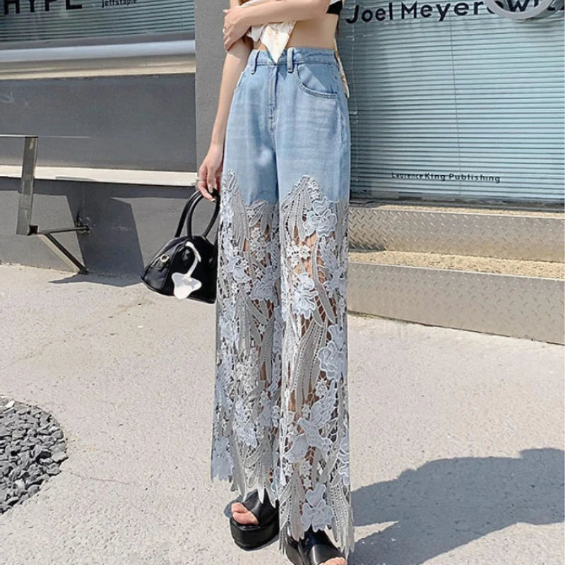 Fashion Elegant Jeans for Women High Waist Lace Patchworl Hollow Out Irregular