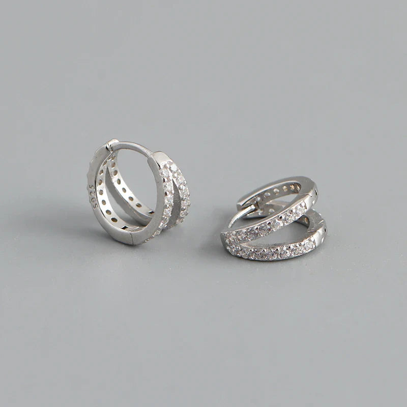 WANTME 925 Sterling Silver Fashion Luxury Shiny Double Layer Zircon Huggies Hoop Earrings for Women Plated 18k Gold Fine Jewelry