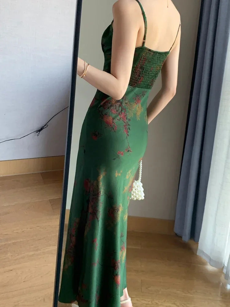Formal attire Dresses: Women Vintage Green Floral Printed Evening Party Dresses