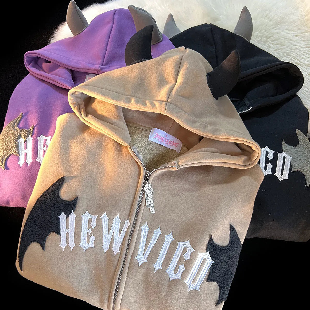Devil Embroidered Hoodie Women Casual Retro Loose Long Sleeve Hooded Coats