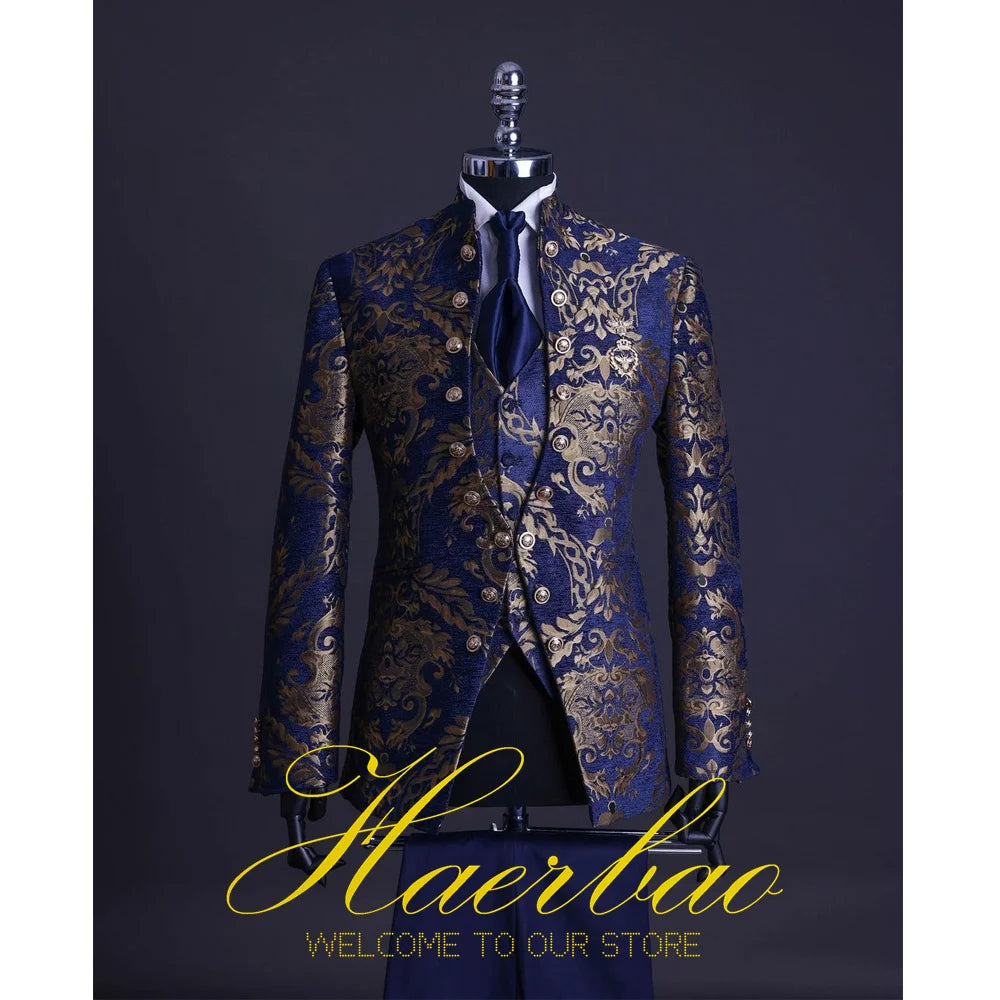 Mens Beach Wedding attire: Men Suit Set Stand Collar Mens Wedding Suits Formal