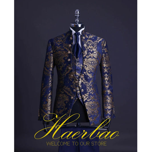 Mens Beach Wedding attire: Men Suit Set Stand Collar Mens Wedding Suits Formal