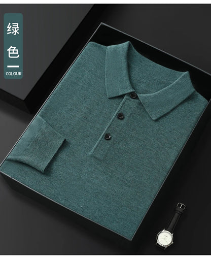 Spring Autumn Men Shirt  Merino Worsted Wool Knitted Pullover Long Sleeve Polo-Collar Clothing Tops Smart Casual Thin Outerwears