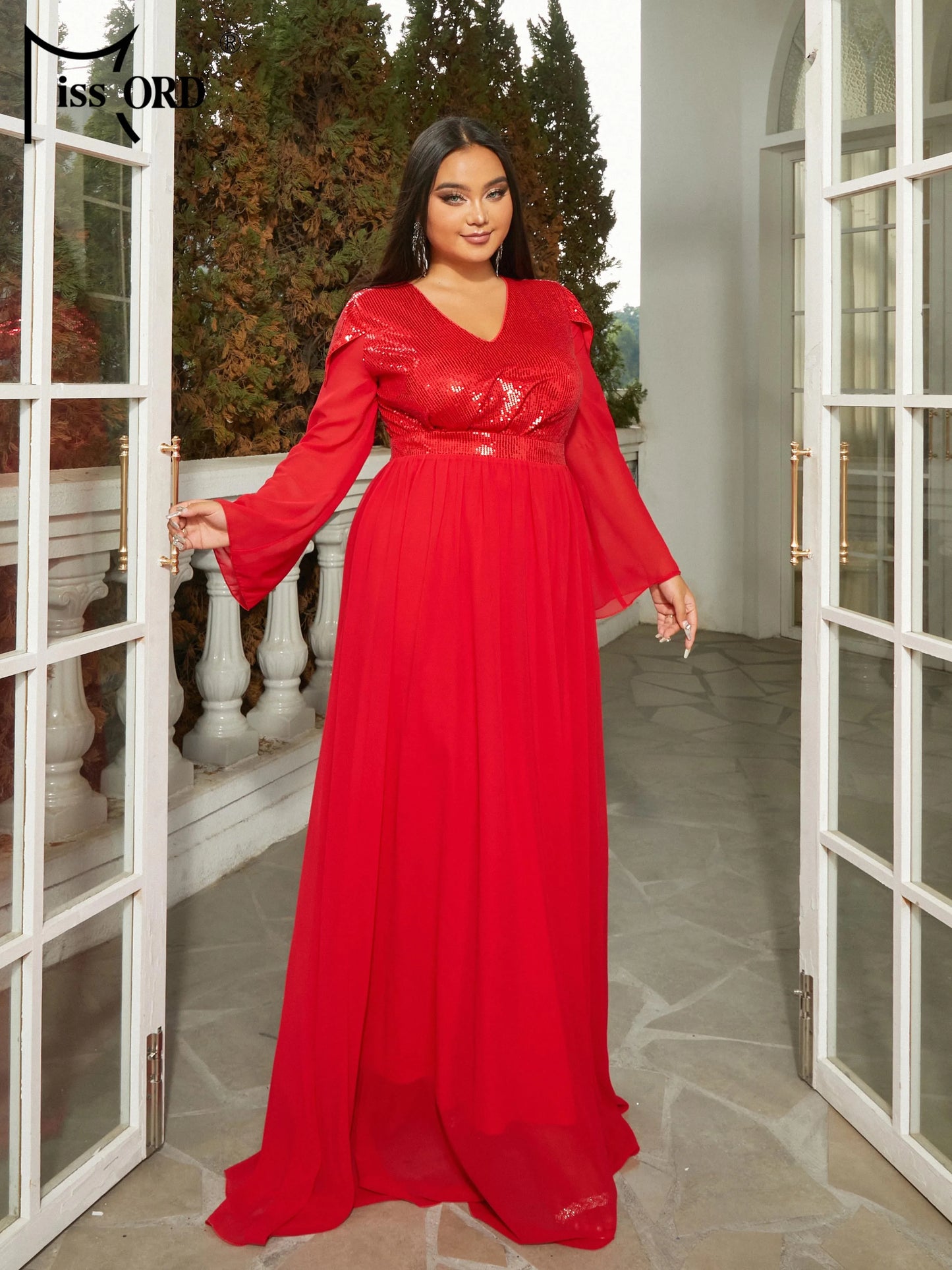 Missord New Plus Size Red V Neck Long Sleeved A-line Evening Prom Wedding Birthday Party Formal Occasion Dresses