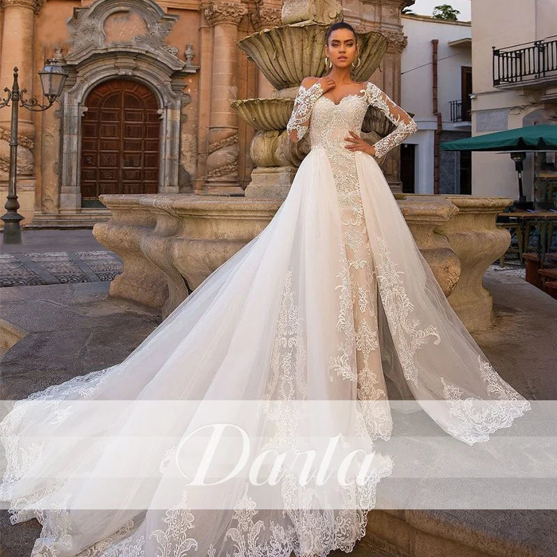 White Bridesmaid Dresses: Wedding Dresses Long Sleeve Detachable Train 2 In 1 Lace