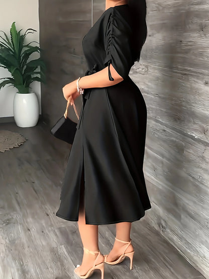 One-piece slim fit and calf drawstring trim dress with off-the-shoulder slightly long sleeves in solid color plus size