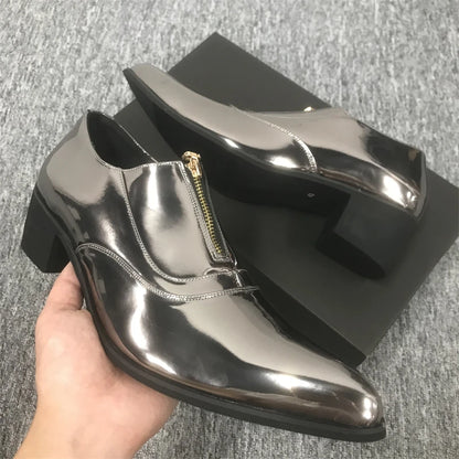 Silver Height Increase Men Shoes 38-46 Leather Wedding High Heels Dress Shoes Formal Slip-On Career Work Shoes