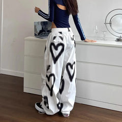 Y2K Love Graffiti Wide Leg Pants Women High Waist Streetwear Loose Drawstring