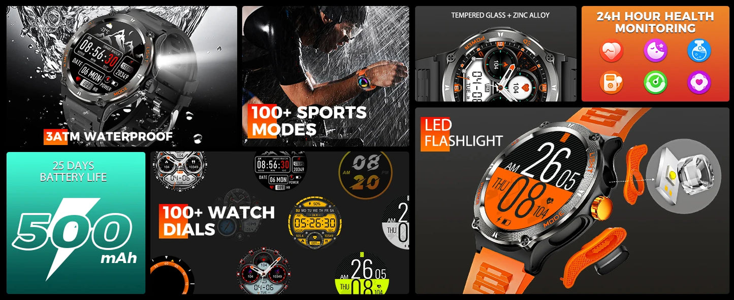 EIGIIS Smart Watch 3ATM Waterproof 1.53" KT76 Men Sport With Compass And LED Flashlight Heart Rate Sleep Analysis Bluetooth Call