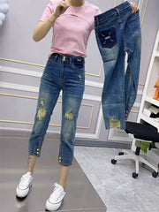 Y2k Plus-size Tencel Seven Quarter Jeans Women's Broken Summer Thin Fat Mm Thin Ice