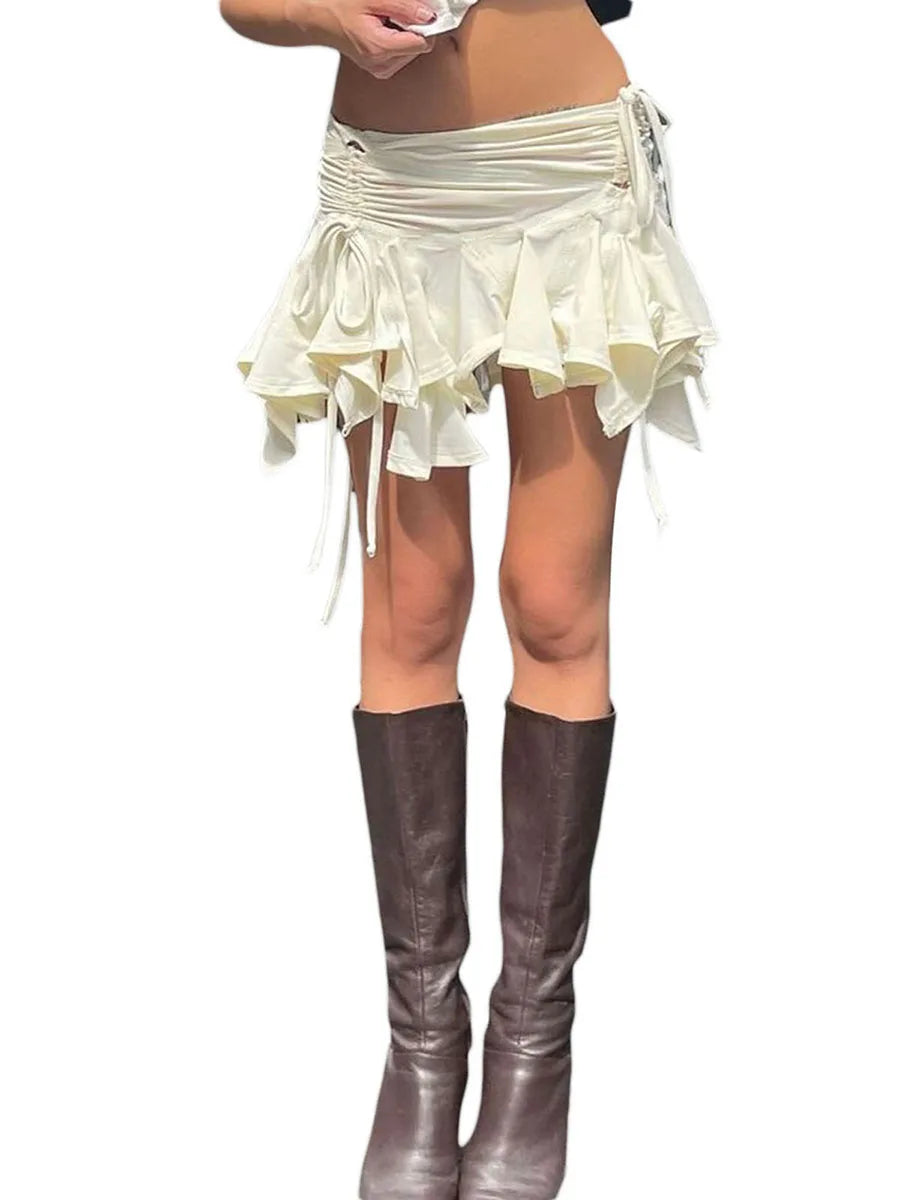 Gothic Punk Irregular Mini Skirt, Drawstring Tie-Up Ruched Ruffles, Summer Fashion in Solid Black/White