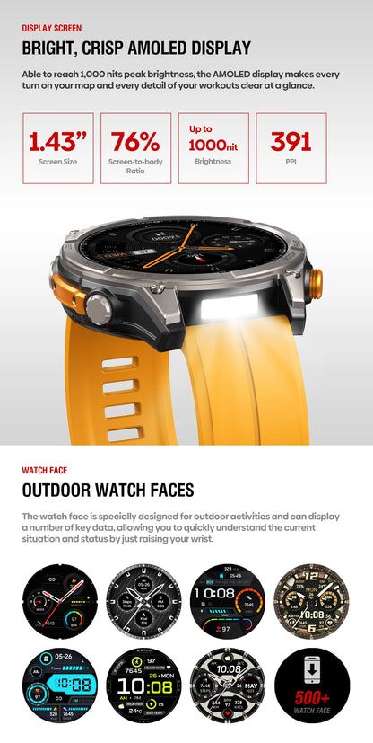NEW 2025 Zeblaze Stratos 4 GPS Smartwatch 1.43" AMOLED Screen Compass Barometric Altimeter Flashlight Voice Calling Smart Watch