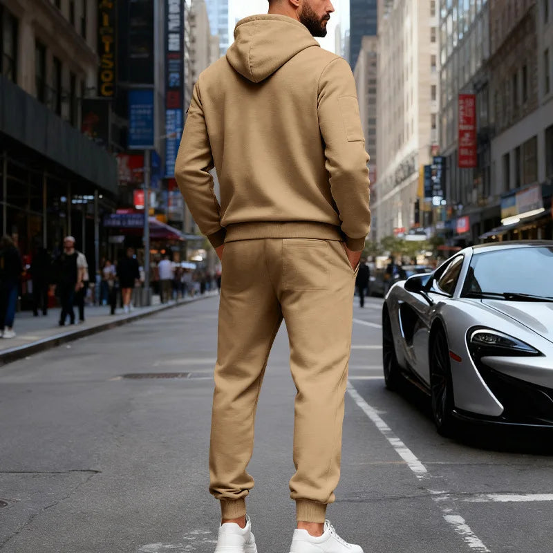 Autumn and winter men's velvet loose casual tooling outdoor sports fashion hooded sweater set