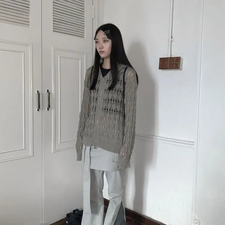 Deeptown Harajuku Zip Up Hooded Cardigan Women Japanese Y2k Style Hollow Crop