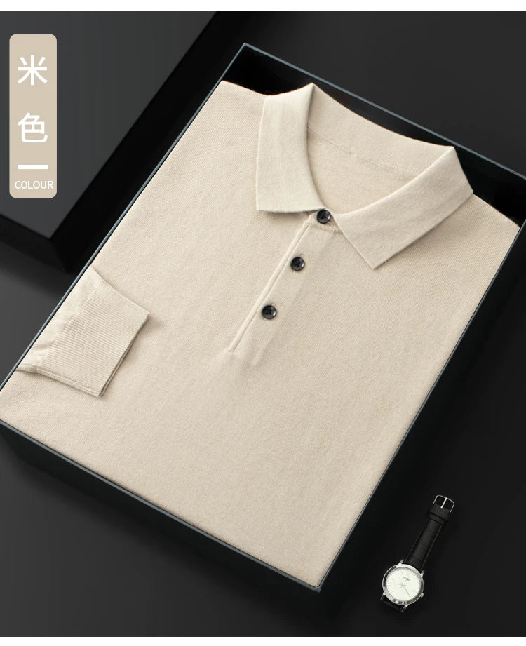 Spring Autumn Men Shirt  Merino Worsted Wool Knitted Pullover Long Sleeve Polo-Collar Clothing Tops Smart Casual Thin Outerwears