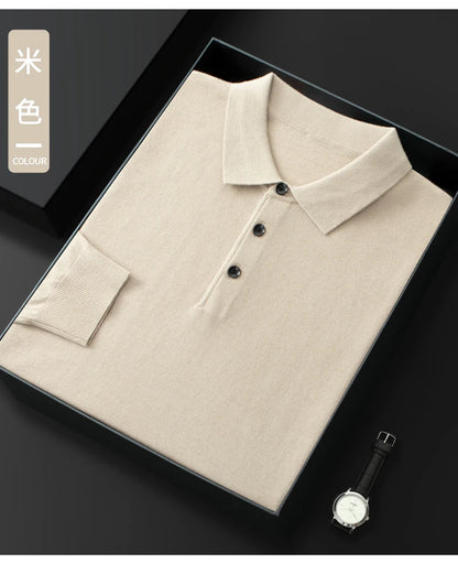 Spring Autumn Men Shirt  Merino Worsted Wool Knitted Pullover Long Sleeve Polo-Collar Clothing Tops Smart Casual Thin Outerwears