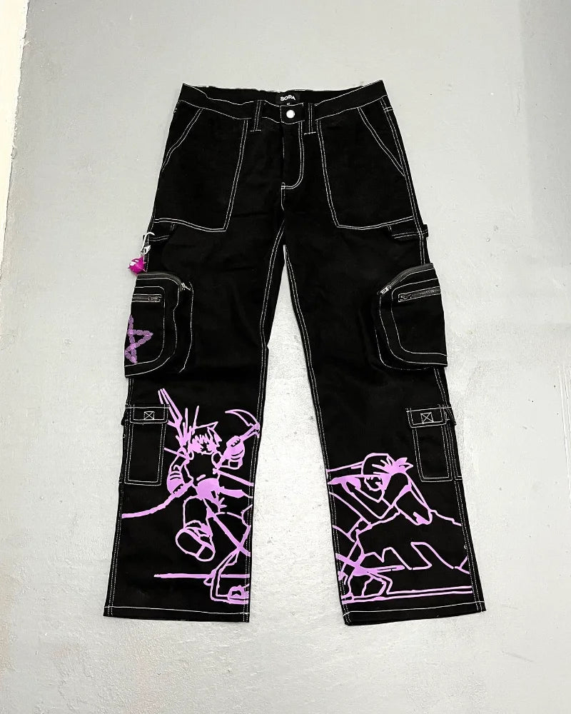 Y2K Harajuku clothing jeans Vintage print hip hop trend American black jeans men