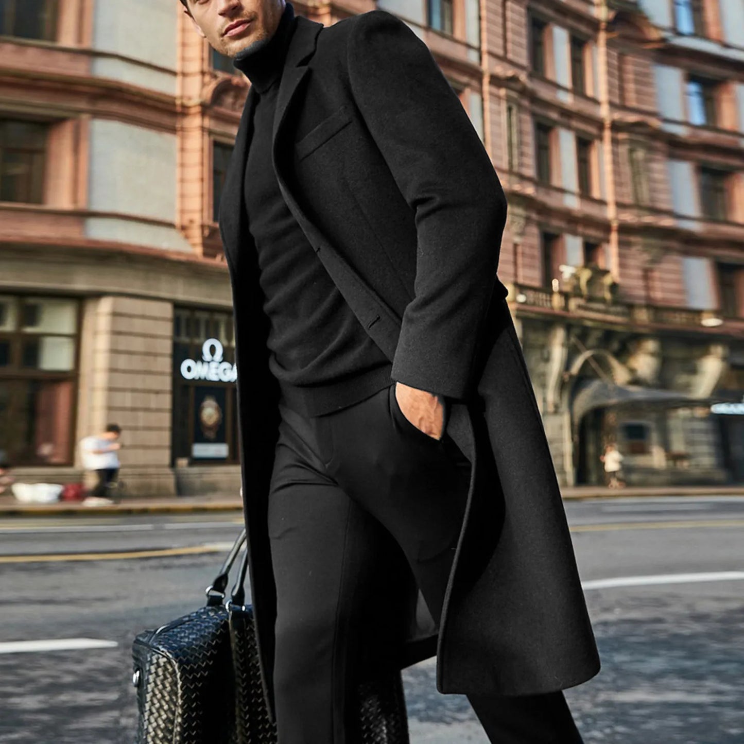 mens coats Autumn Winter Long Trench Coat woolen Solid Color Mid-Length
