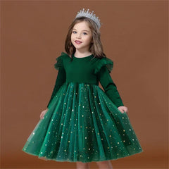 Girls Long Sleeve Autumn Winter Casual Dress Kids Sequined Tulle Tutu