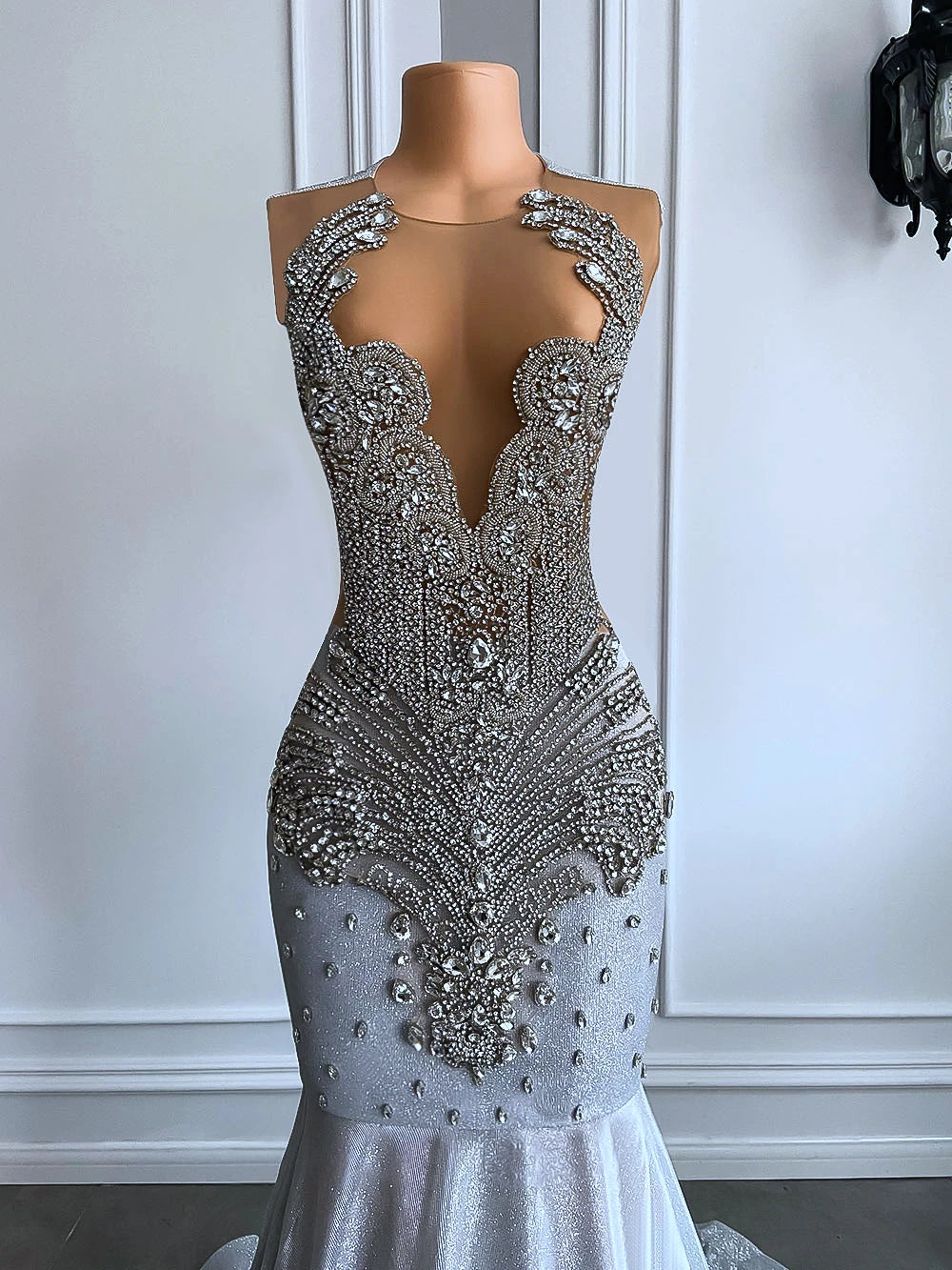 Homecoming Dresses: Women Silver Long Mermaid Prom Dresses Sheer Mesh
