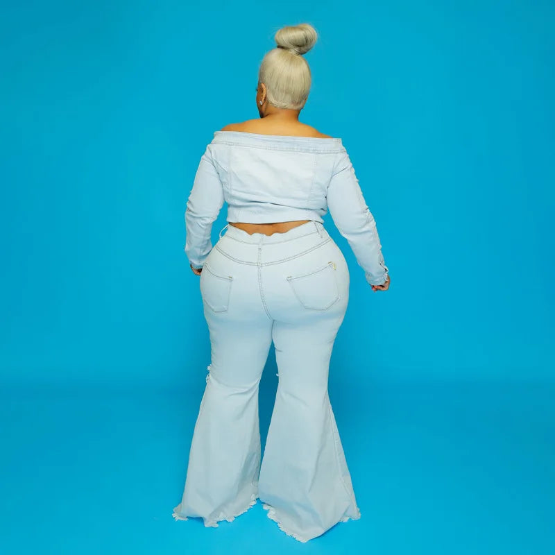 Plus Size Women Clothing Streetwear Cowboy Ripped Flared Pants High Waist Jeans