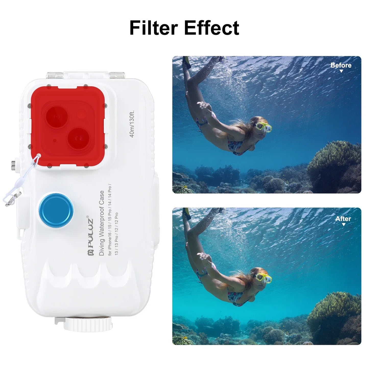 PULUZ 40m/130ft Waterproof Diving Case for iPhone 16 15 14 13 12 11 Pro Max Plus Photo Video Taking Underwater Housing Cover