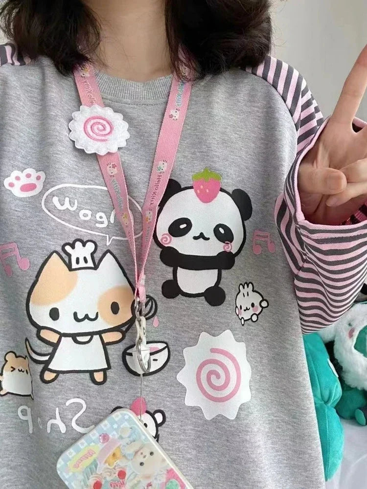 Y2k Harajuku Kawaii Striped Hoodie Women Japanese Fashion Patchwork