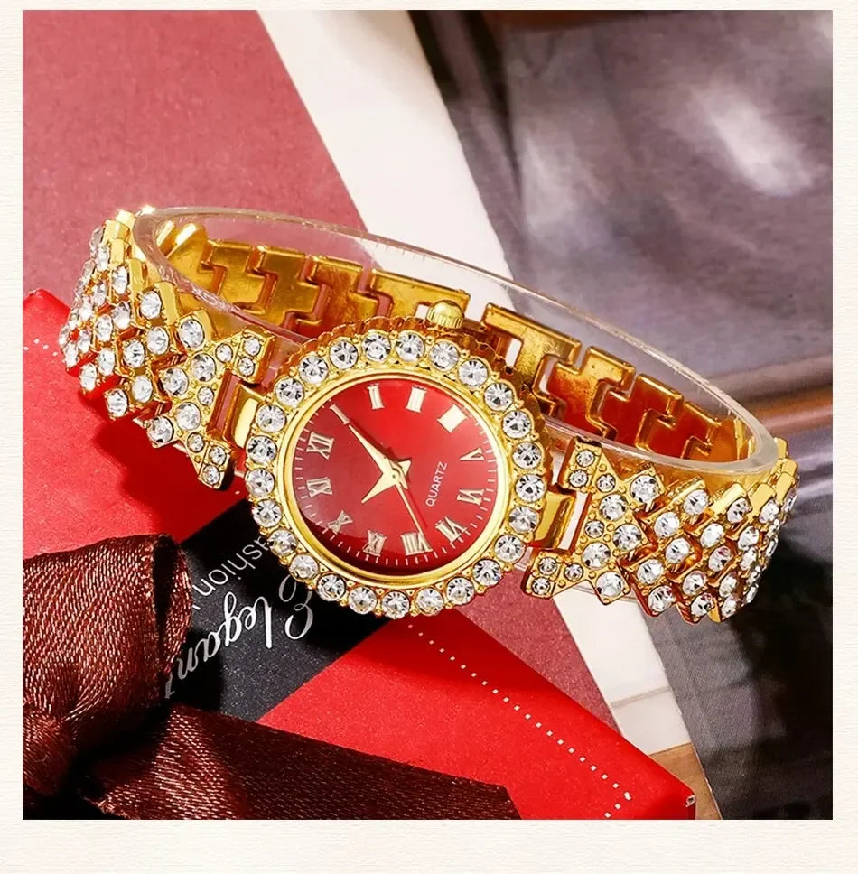 Gold luxury watches, women's rings, necklaces, earrings, rhinestones, fashionable watches, casual women's bracelets, watches, je
