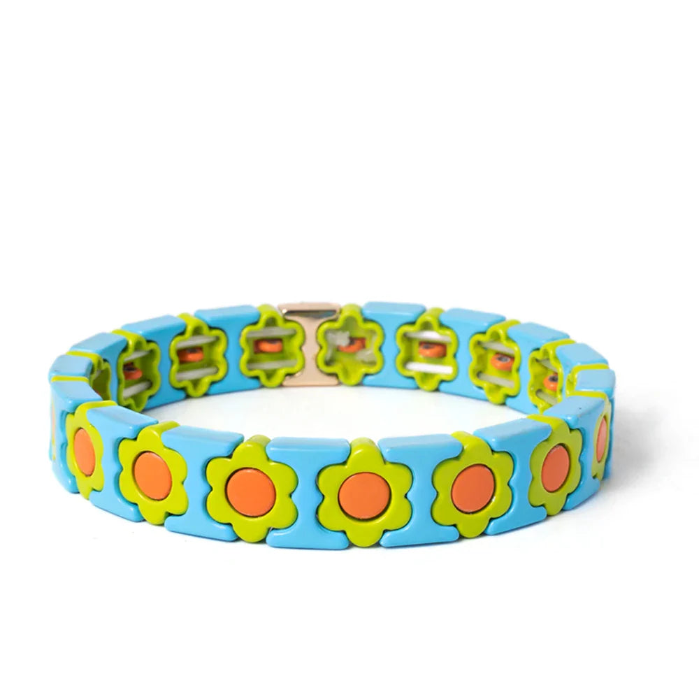 New Design Colorful Flower Charms Bangle For Women Handmade Bohemian Elastic Flower Bracelets Metal Beads Jewelry