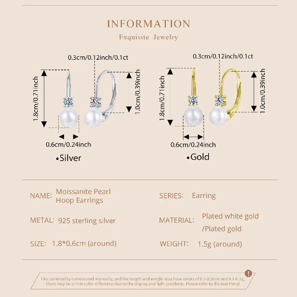 BAMOER Moissanite Freshwater Pearl Earrings for Women Wedding, Round Cut Lab Diamond 925 Sterling Silver Drop Dangle Ear Buckles