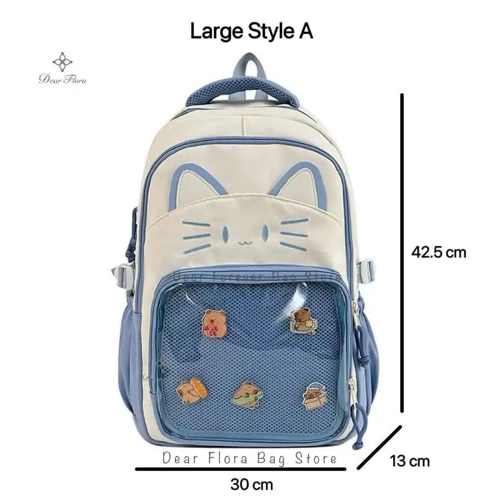 Y2K Cute Cat Ita Backpacks Large Capacity Knapsack Casual Girl Transparent DIY Display Rucksack Cartoon Trendy Travel Schoolbags